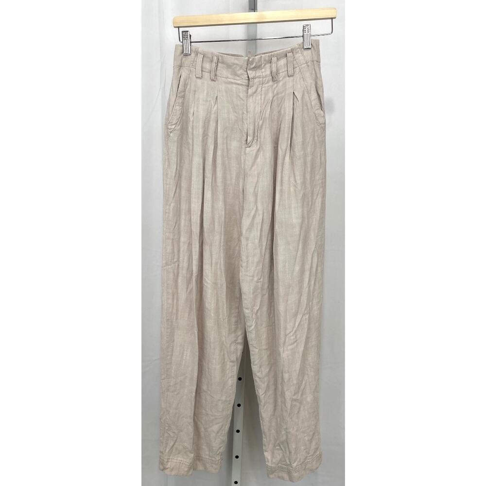 FREE PEOPLE Calla Pleated Trouser Pants High Waist Viscose Linen Beige Size 0
